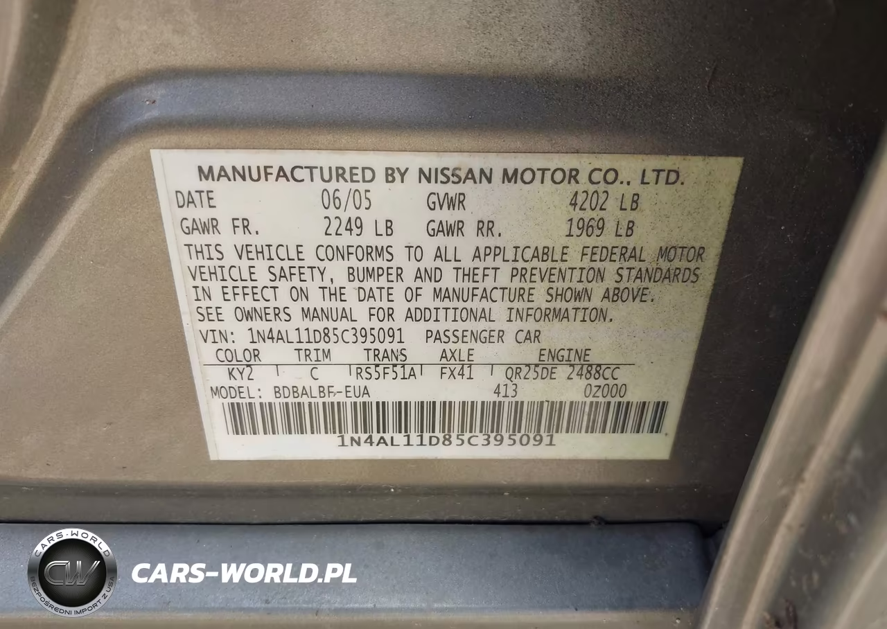 2005 Nissan Altima 2.5 S VIN:1N4AL11D85C395091 - 9