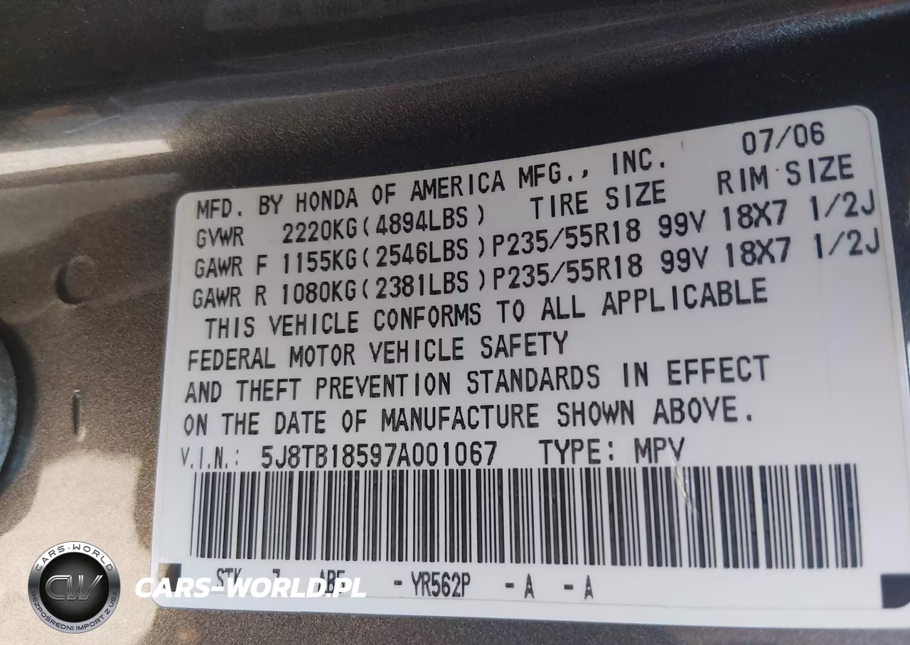 2007 Acura Rdx VIN:5J8TB18597A001067 - 9