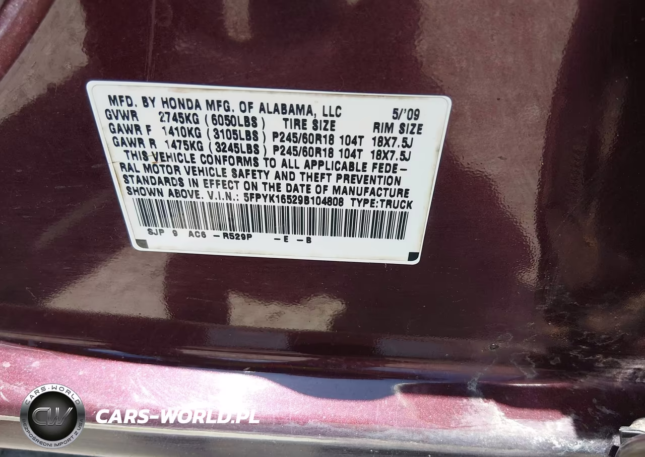 2009 Honda Ridgeline Rtl VIN:5FPYK16529B104808 - 9