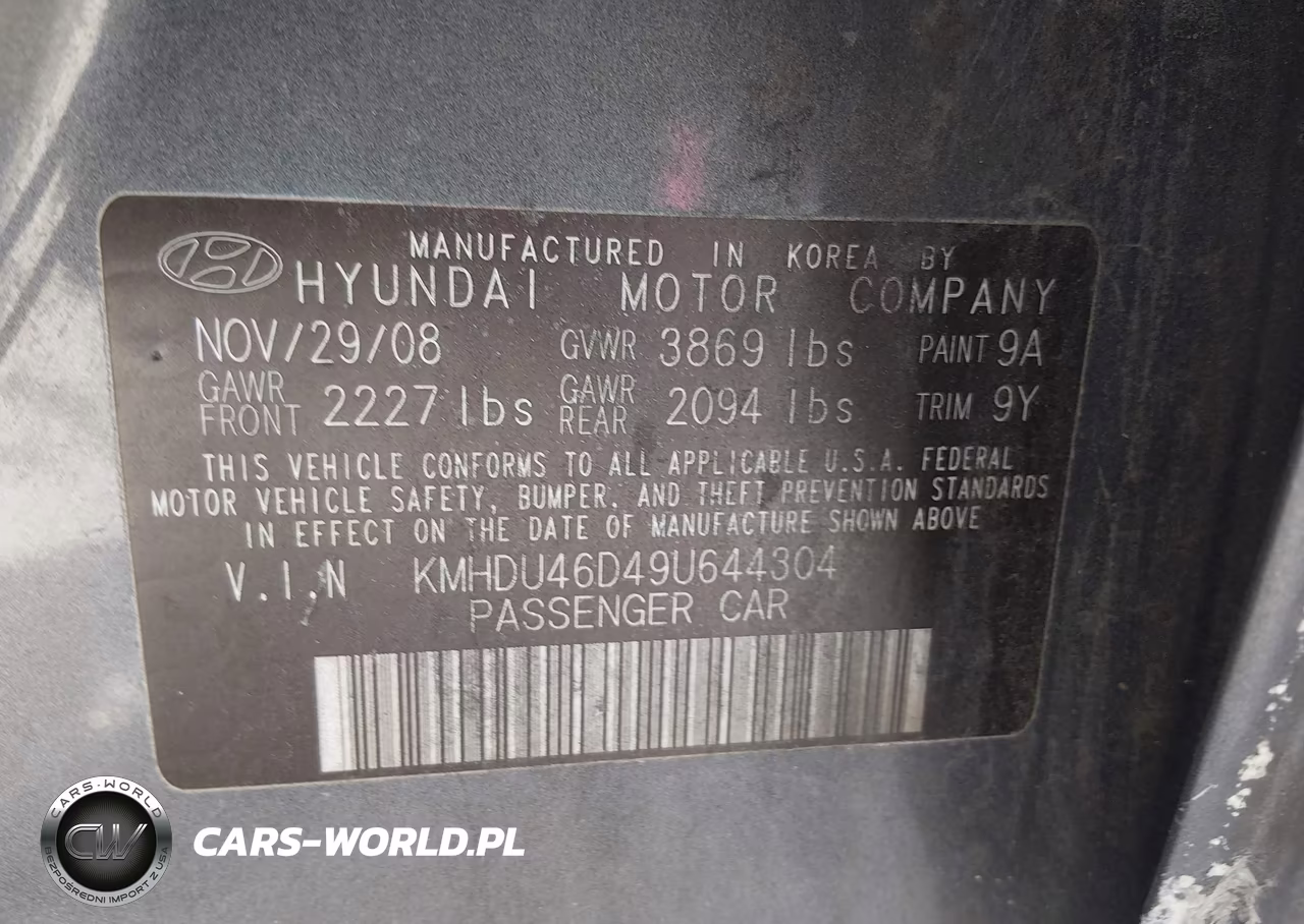 2009 Hyundai Elantra Gls VIN:KMHDU46D49U644304 - 9