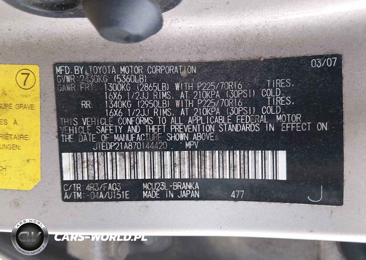 2007 Toyota Highlander 3Rd Row VIN:JTEDP21A870144420 - 9