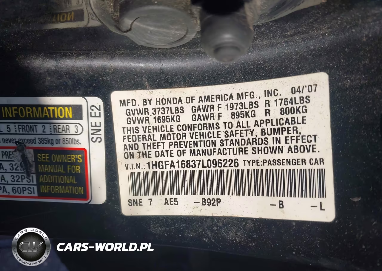 2007 Honda Civic Ex VIN:1HGFA16837L096226 - 9