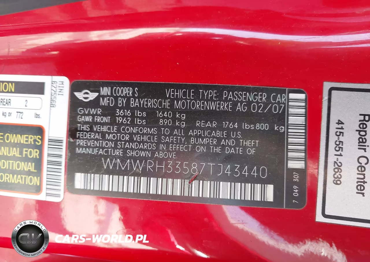 2007 Mini Cooper S VIN:WMWRH33587TJ43440 - 9
