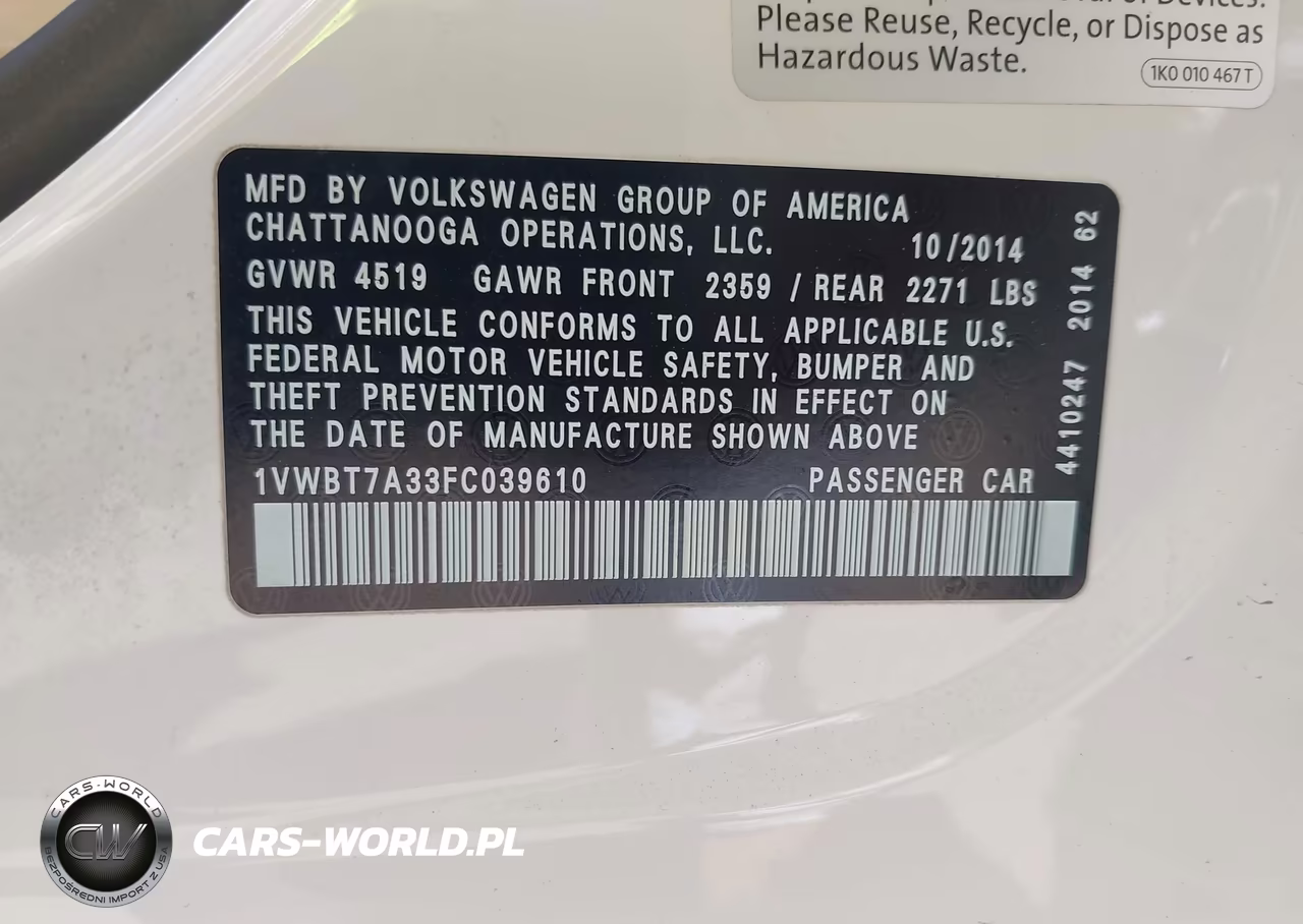 2015 Volkswagen Passat 1.8T Se VIN:1VWBT7A33FC039610 - 9