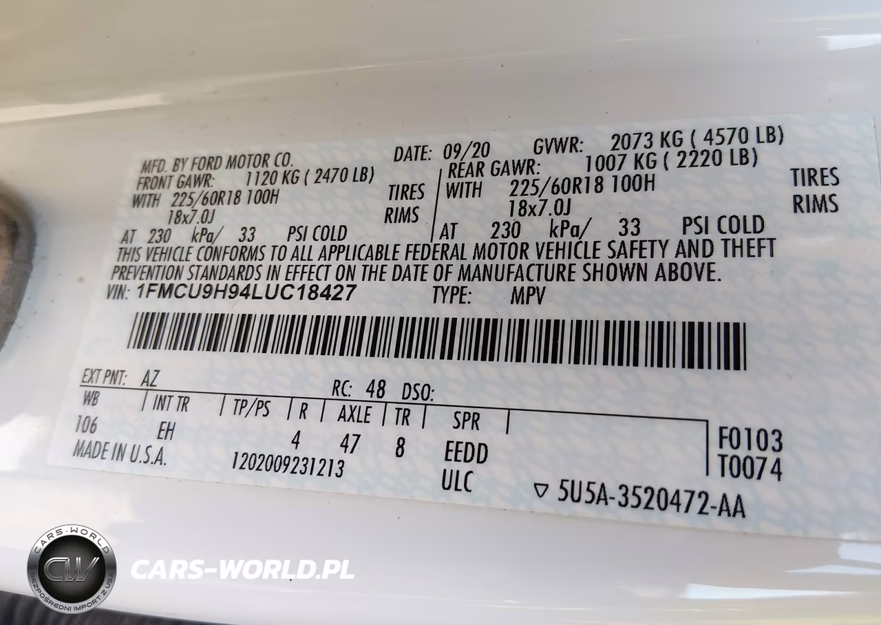 2020 Ford Escape Sel VIN:1FMCU9H94LUC18427 - 9