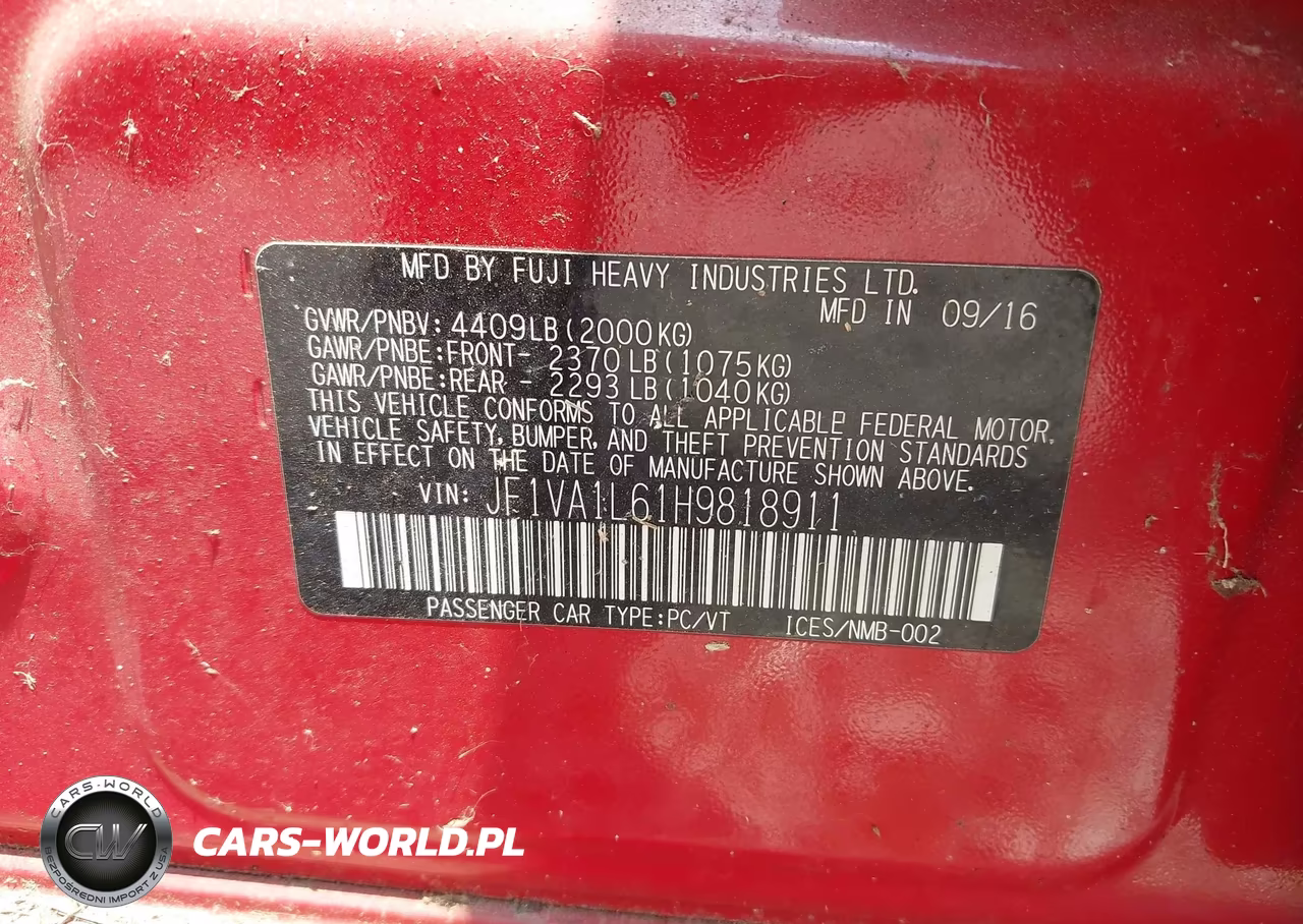 2017 Subaru Wrx Limited VIN:JF1VA1L61H9818911 - 9