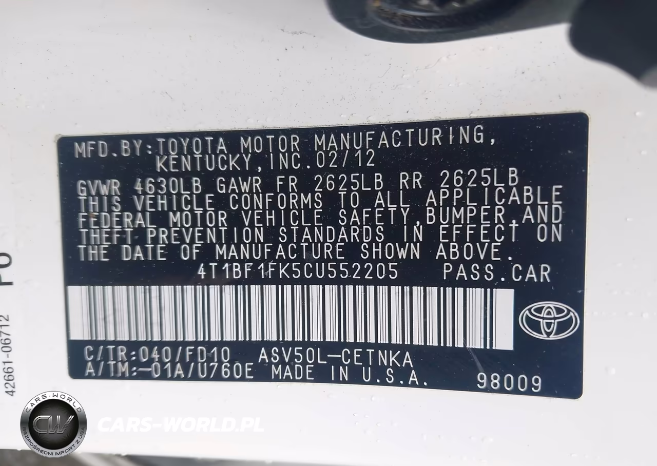 2012 Toyota Camry Le VIN:4T1BF1FK5CU552205 - 9