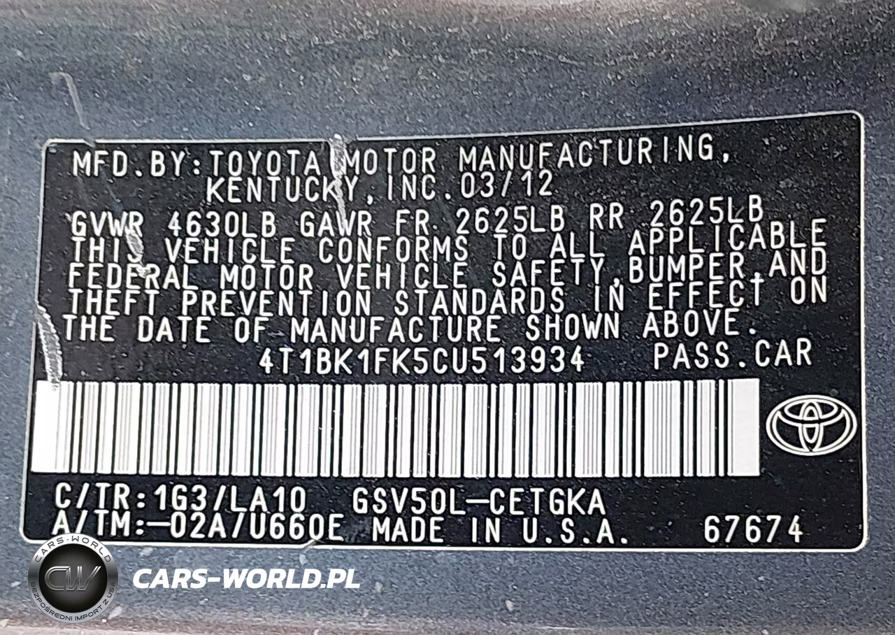 2012 Toyota Camry Xle V6 VIN:4T1BK1FK5CU513934 - 9