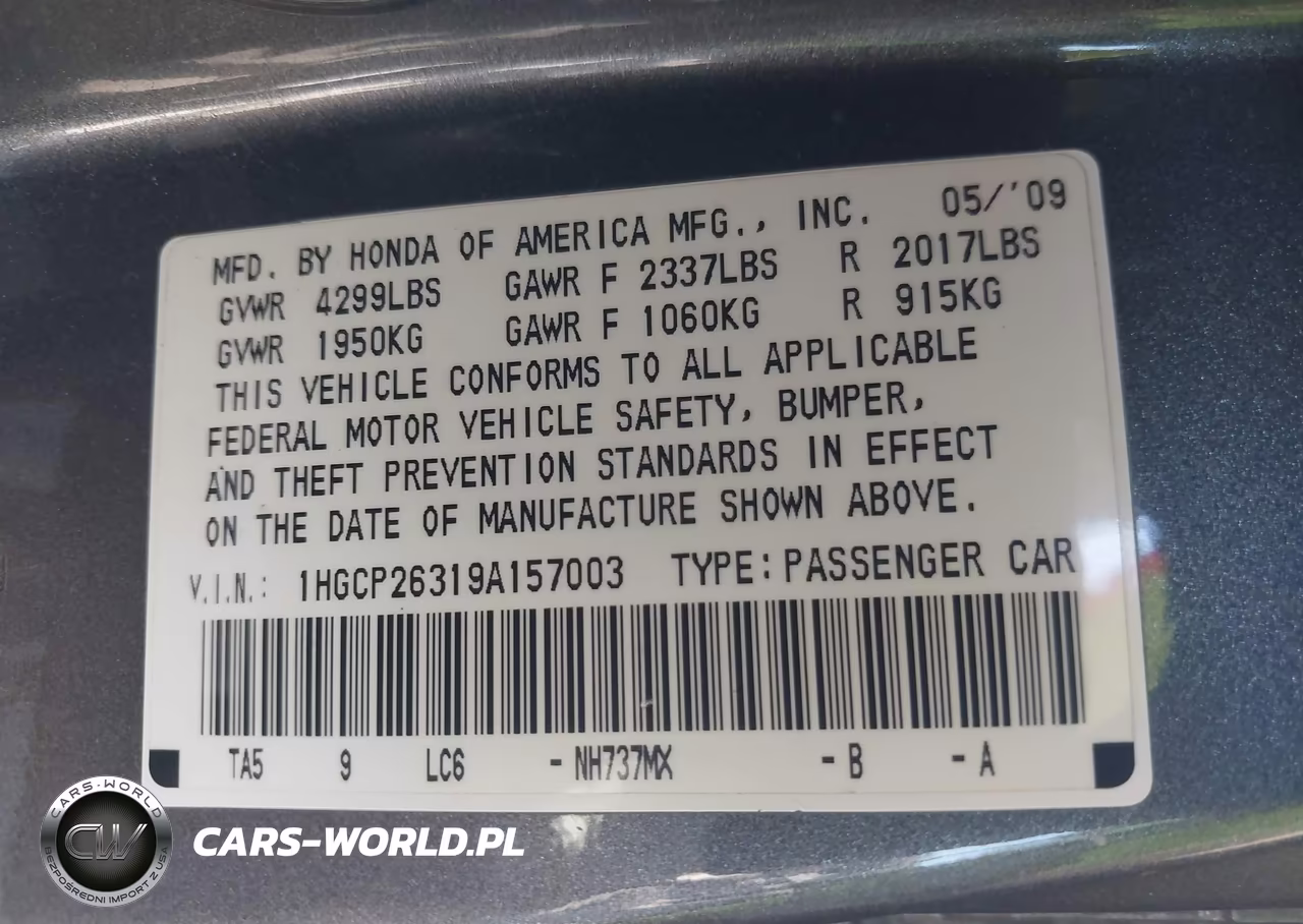 2009 Honda Accord 2.4 Lx VIN:1HGCP26319A157003 - 9
