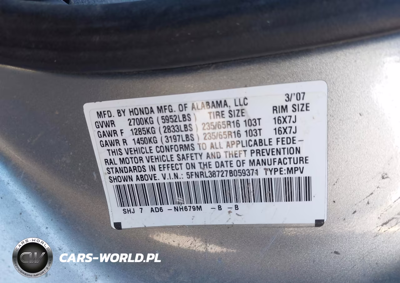 2007 Honda Odyssey Ex-L VIN:5FNRL38727B059371 - 9