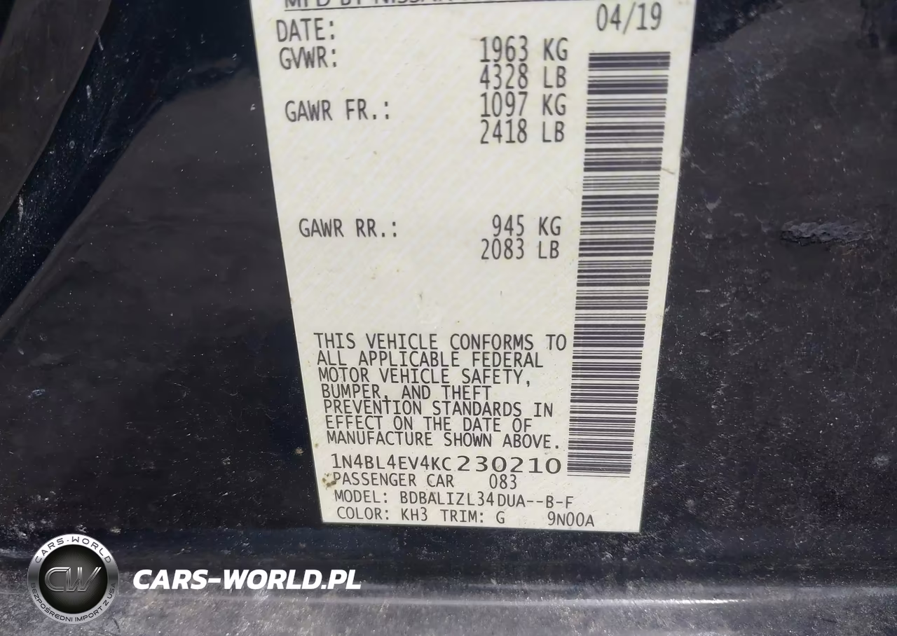 2019 Nissan Altima 2.5 Sl VIN:1N4BL4EV4KC230210 - 9