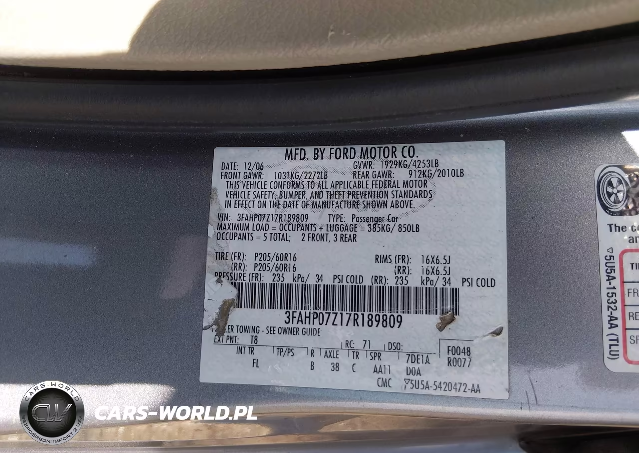 2007 Ford Fusion Se VIN:3FAHP07Z17R189809 - 9