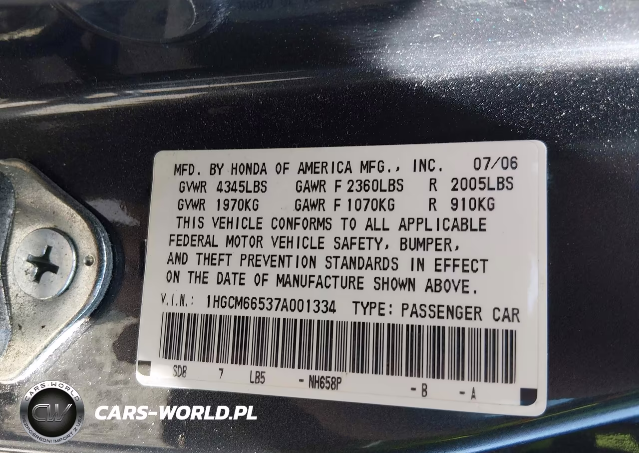 2007 Honda Accord 3.0 Ex VIN:1HGCM66537A001334 - 9