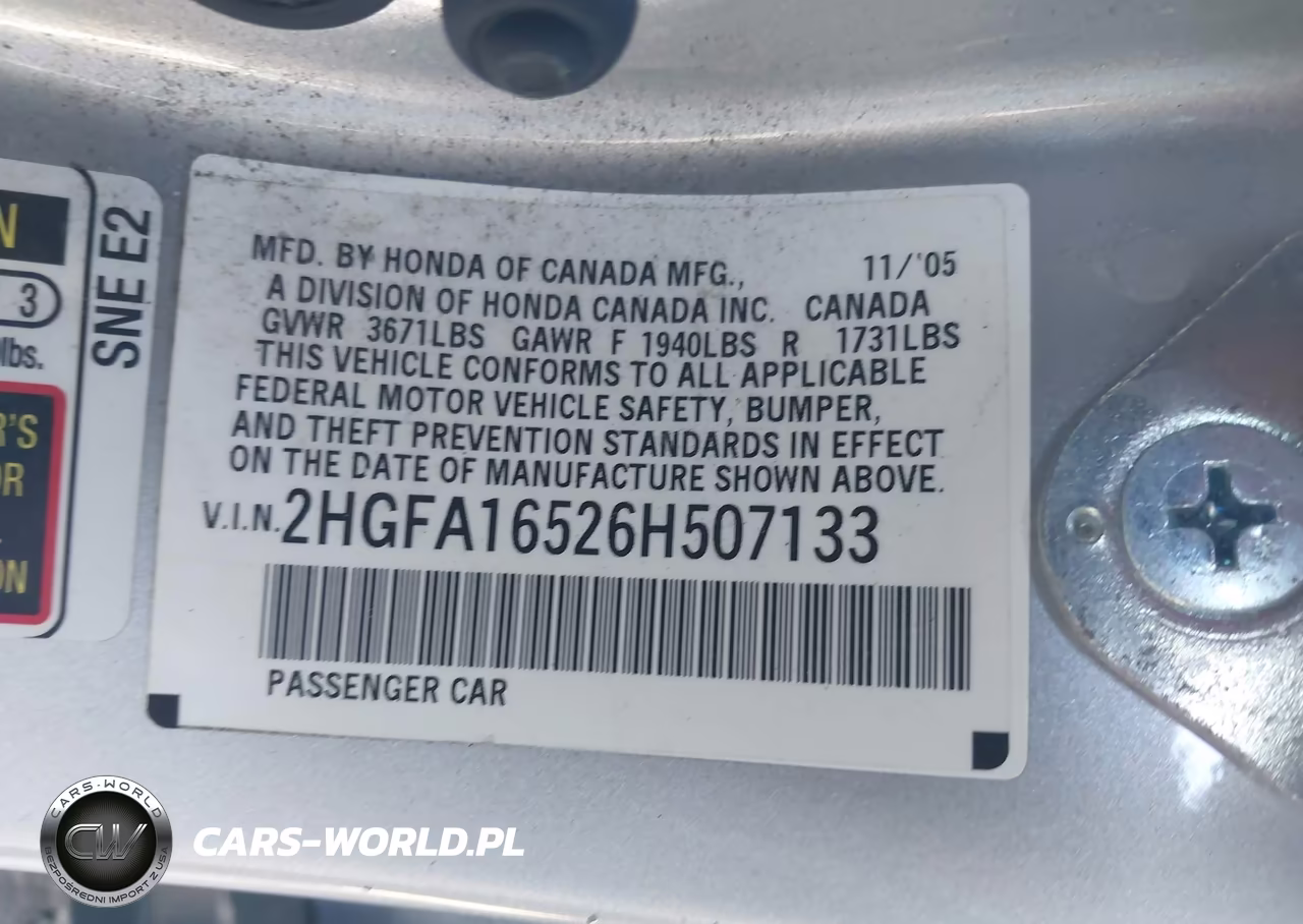 2006 Honda Civic Lx VIN:2HGFA16526H507133 - 9