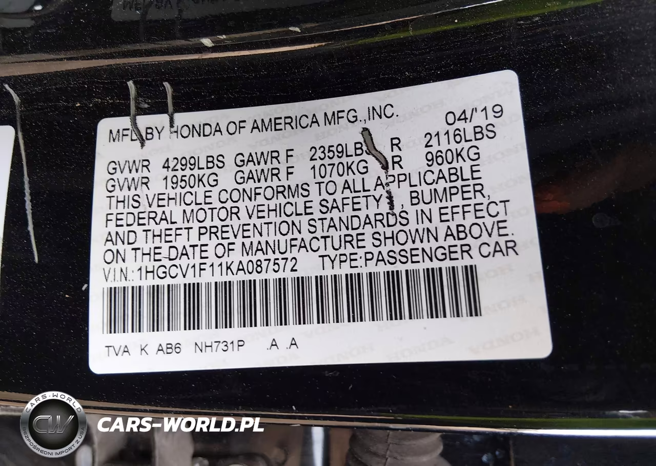 2019 Honda Accord Lx VIN:1HGCV1F11KA087572 - 9