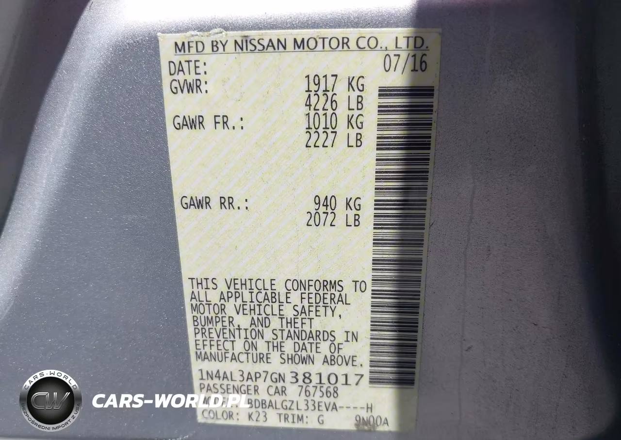 2016 Nissan Altima 2.5 S VIN:1N4AL3AP7GN381017 - 9