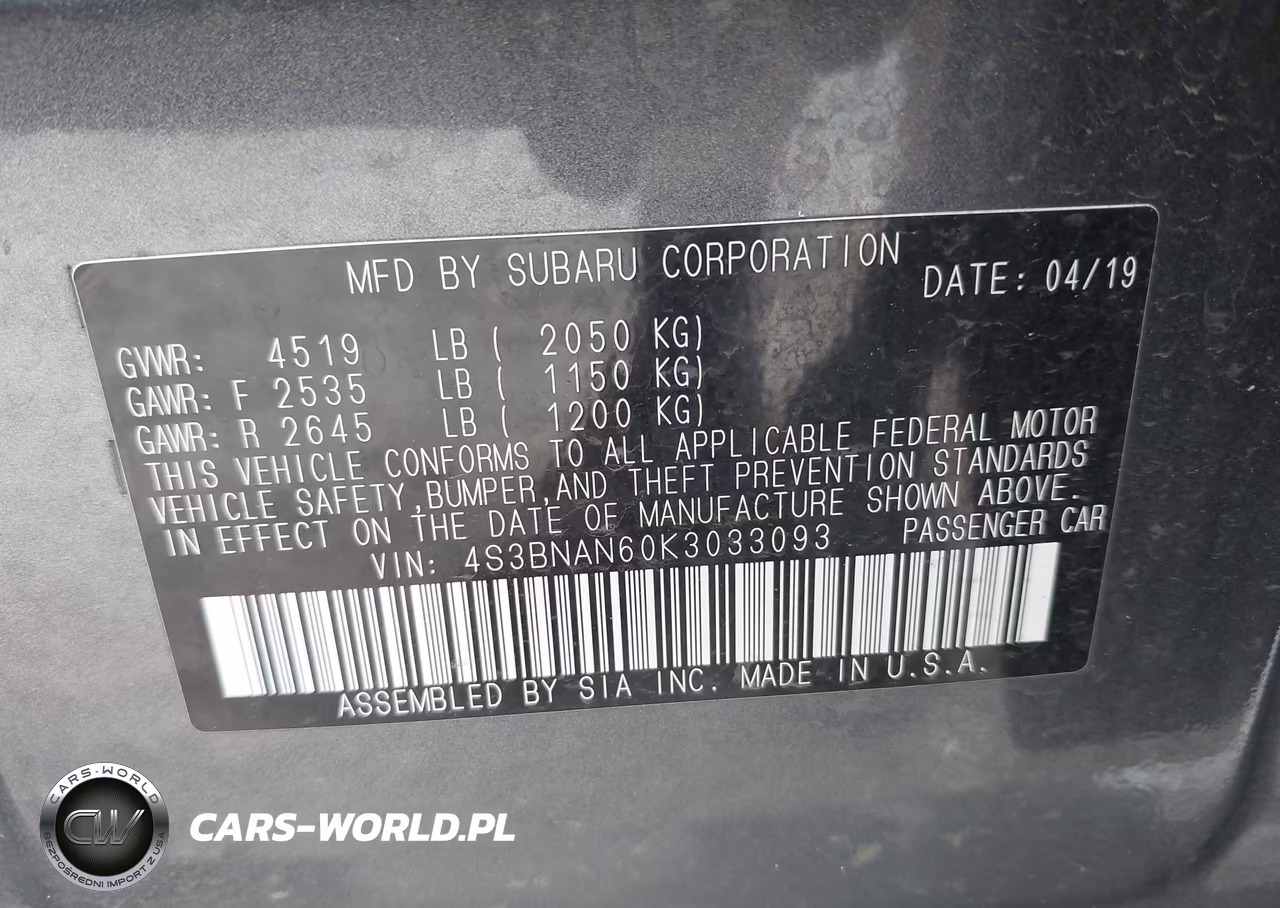 2019 Subaru Legacy 2.5I Limited VIN:4S3BNAN60K3033093 - 9