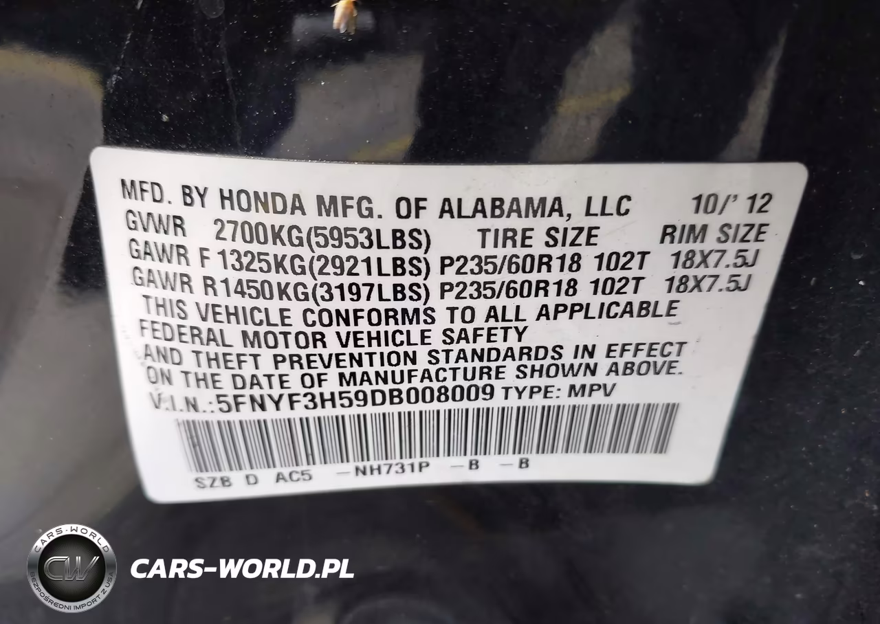 2013 Honda Pilot Ex-L VIN:5FNYF3H59DB008009 - 9