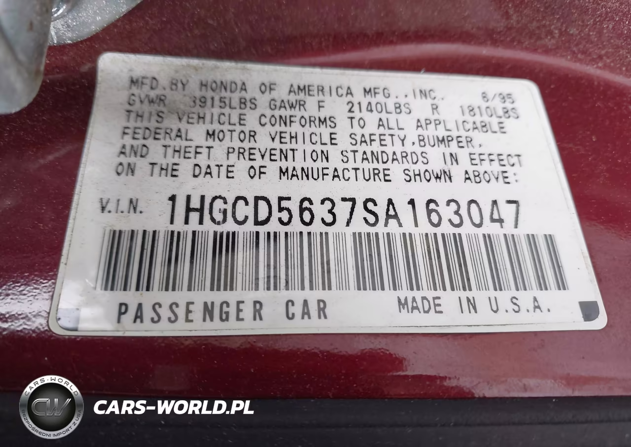 1995 Honda Accord Lx-Ex VIN:1HGCD5637SA163047 - 9