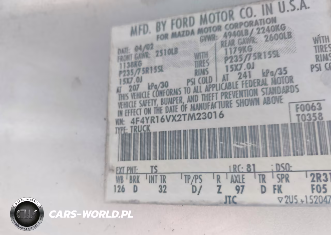 2002 Mazda B3000 Ds VIN:4F4YR16VX2TM23016 - 9