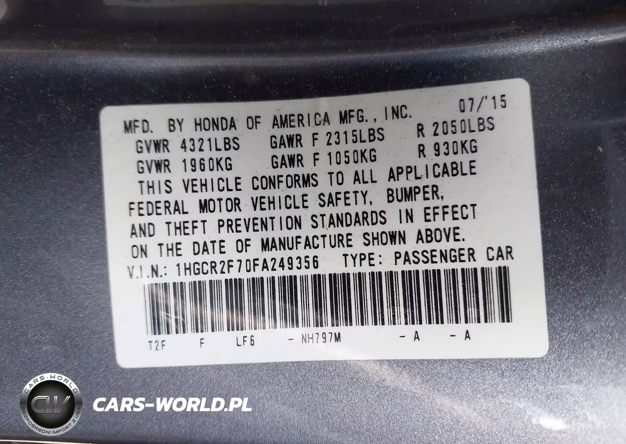 2015 Honda Accord Ex VIN:1HGCR2F70FA249356 - 9