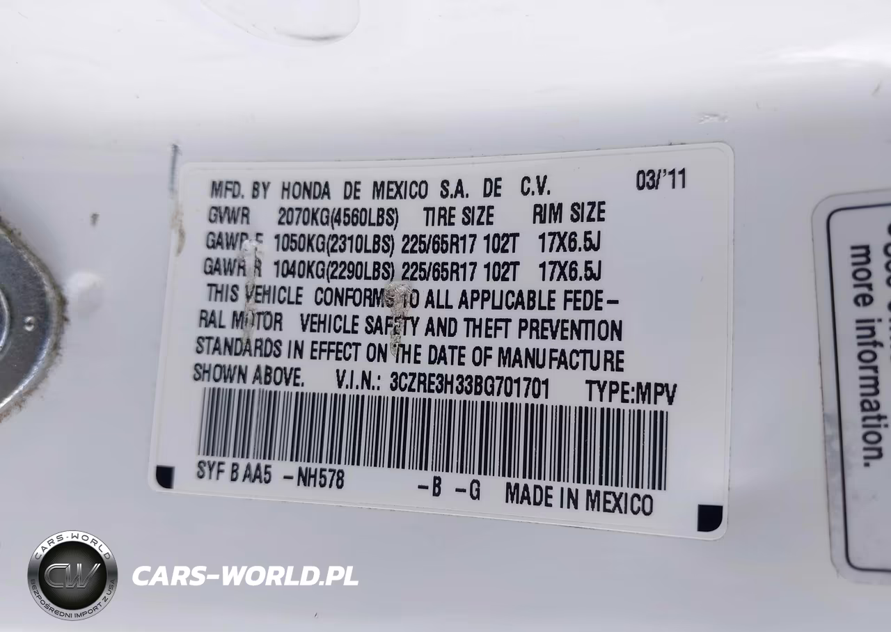 2011 Honda Cr-V Lx VIN:3CZRE3H33BG701701 - 9
