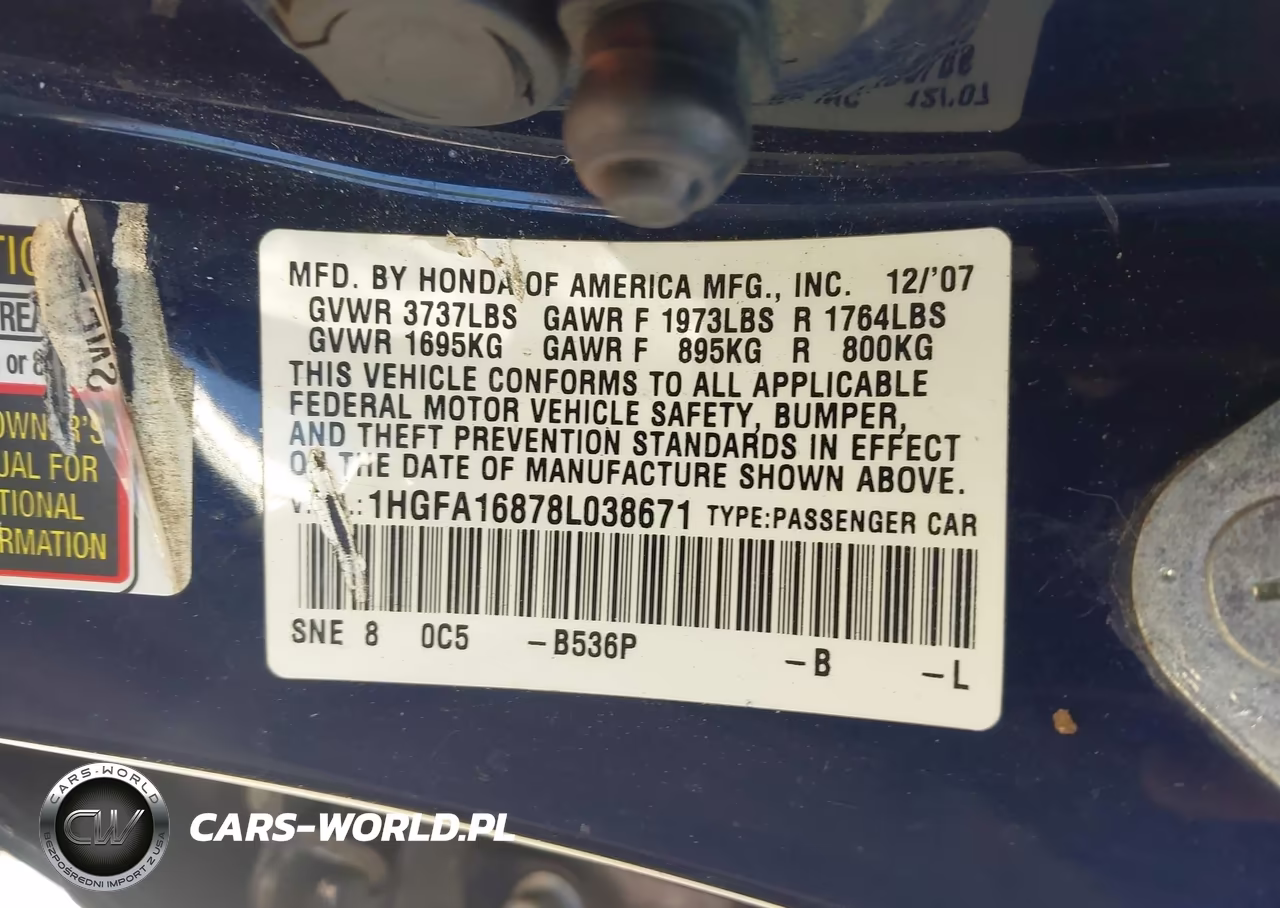 2008 Honda Civic Ex VIN:1HGFA16878L038671 - 9