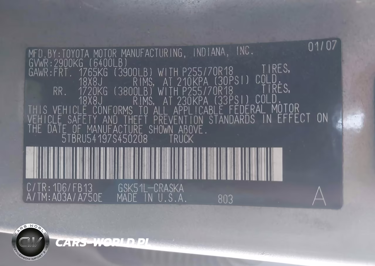 2007 Toyota Tundra Sr5 V6 VIN:5TBRU54197S450208 - 9