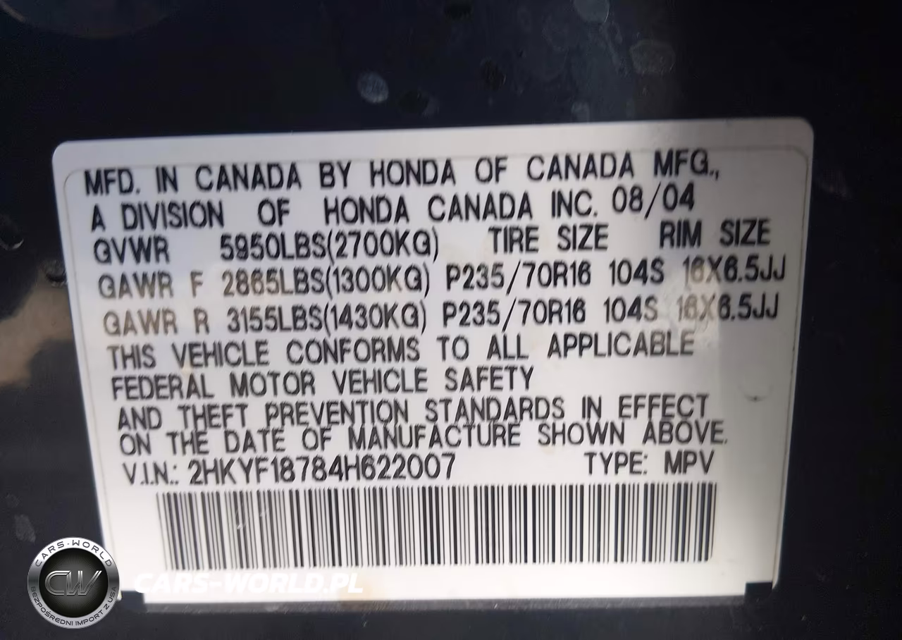 2004 Honda Pilot Ex-L VIN:2HKYF18784H622007 - 9