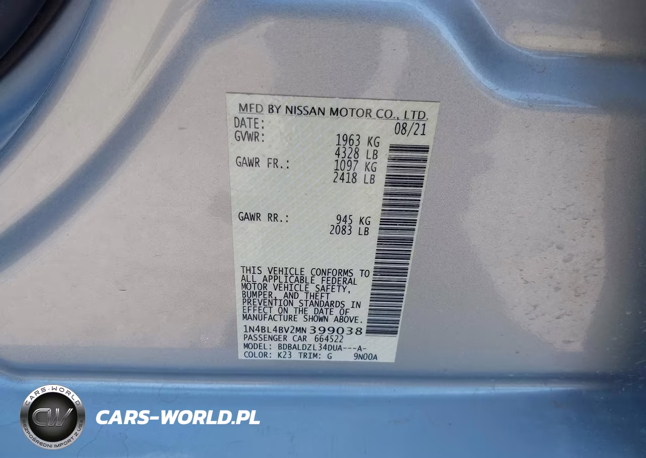 2021 Nissan Altima S Fwd VIN:1N4BL4BV2MN399038 - 9