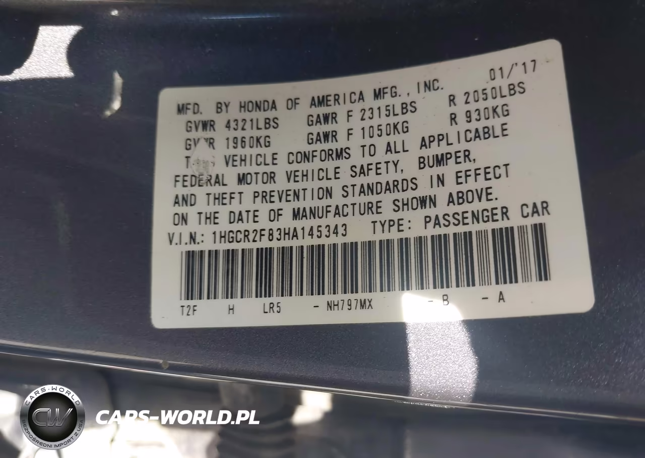2017 Honda Accord Ex-L VIN:1HGCR2F83HA145343 - 9