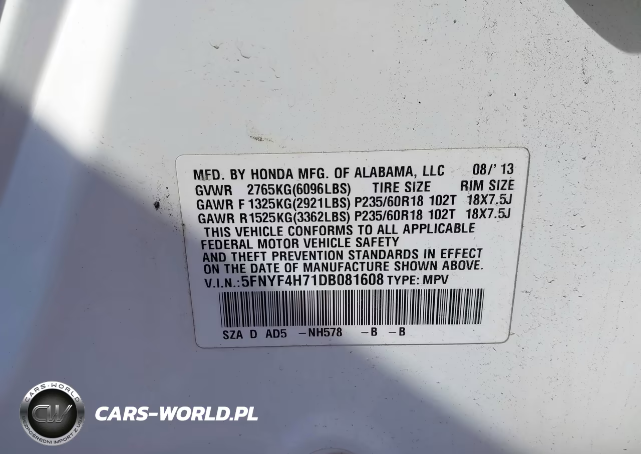 2013 Honda Pilot Ex-L VIN:5FNYF4H71DB081608 - 9