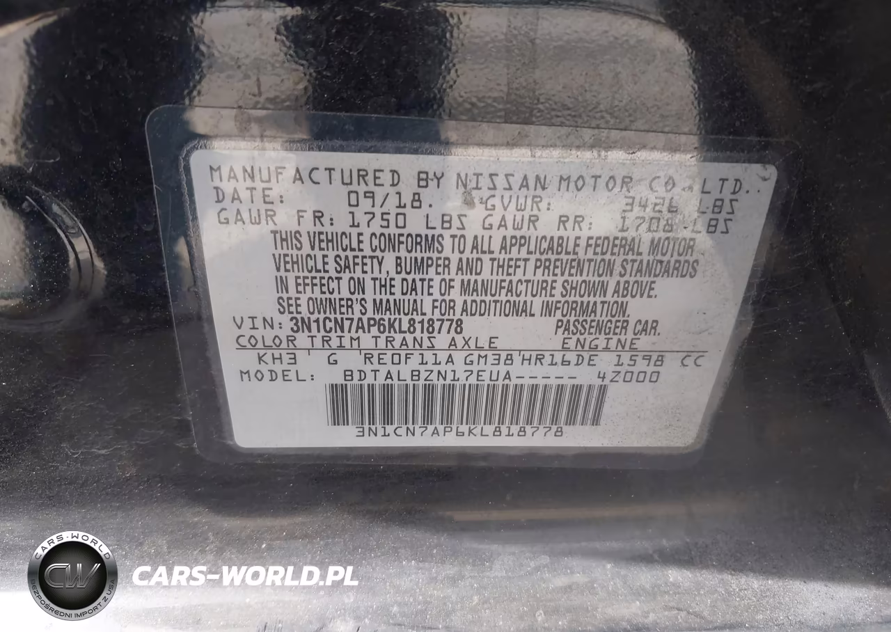 2019 Nissan Versa 1.6 Sv VIN:3N1CN7AP6KL818778 - 9