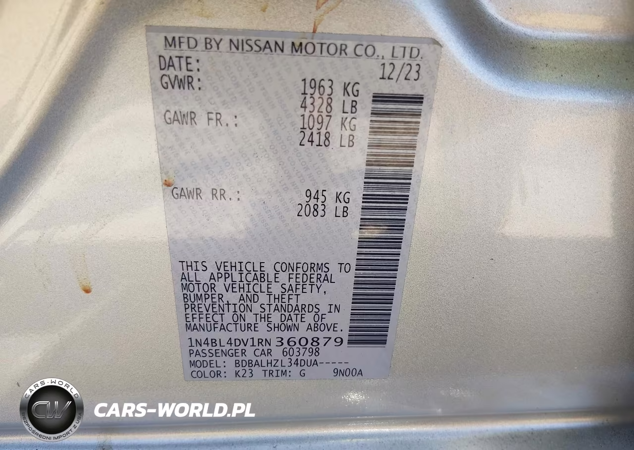 2024 Nissan Altima Sv Fwd VIN:1N4BL4DV1RN360879 - 9