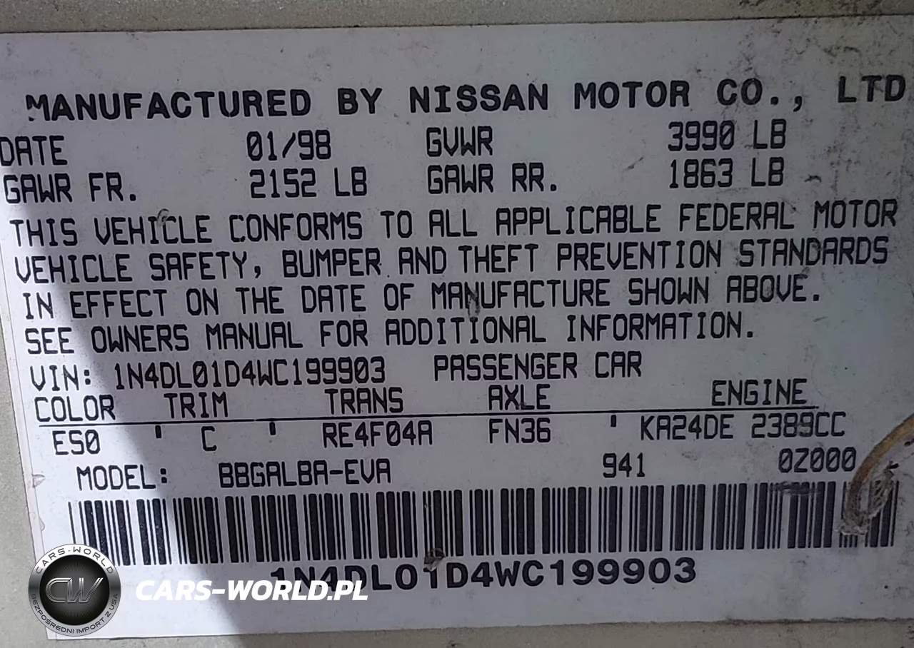 1998 Nissan Altima Gle-Gxe-Se-Xe VIN:1N4DL01D4WC199903 - 9