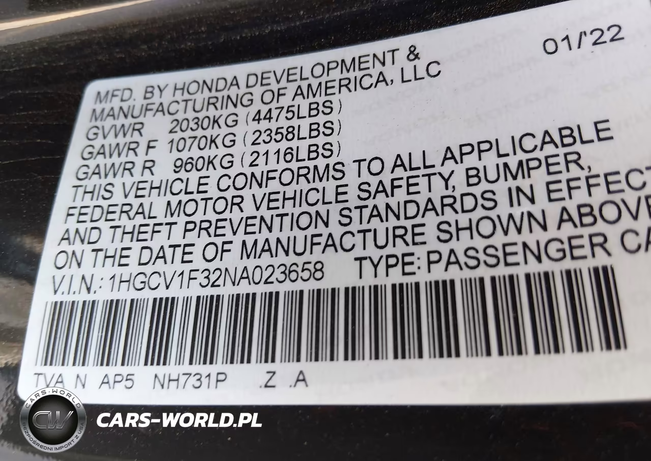 2022 Honda Accord Sport VIN:1HGCV1F32NA023658 - 9