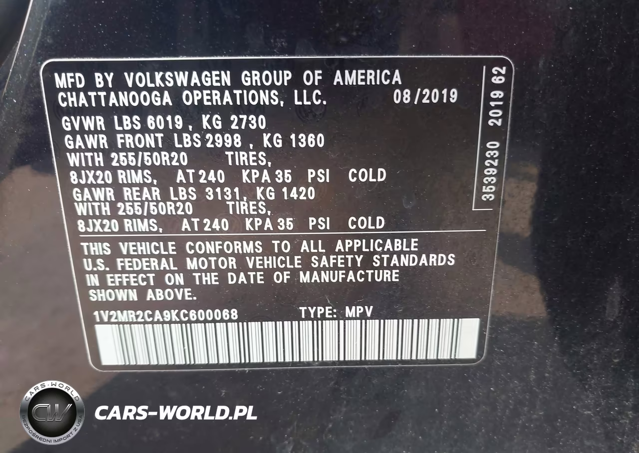 2019 Volkswagen Atlas 3.6L V6 Sel VIN:1V2MR2CA9KC600068 - 9