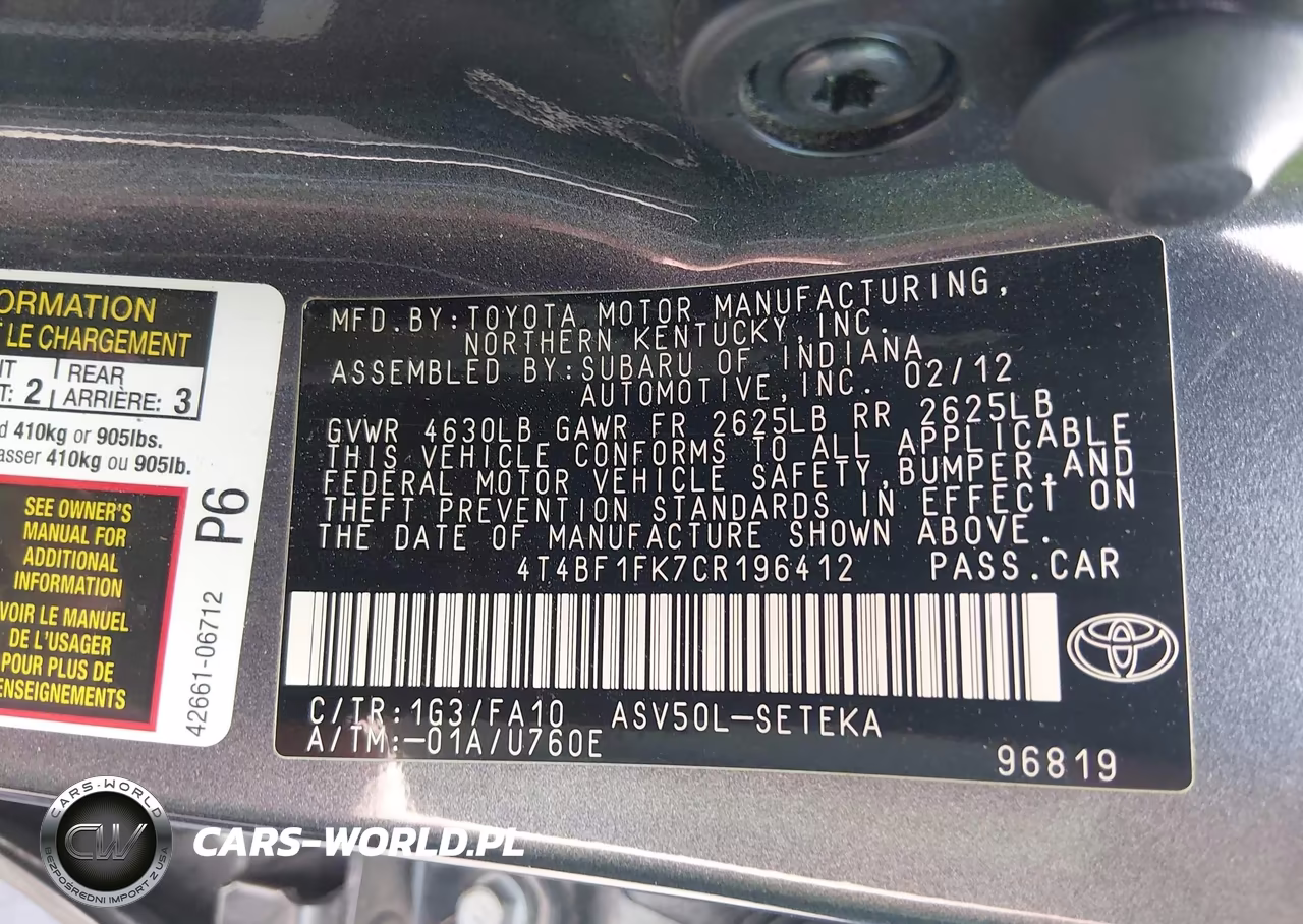 2012 Toyota Camry L VIN:4T4BF1FK7CR196412 - 9