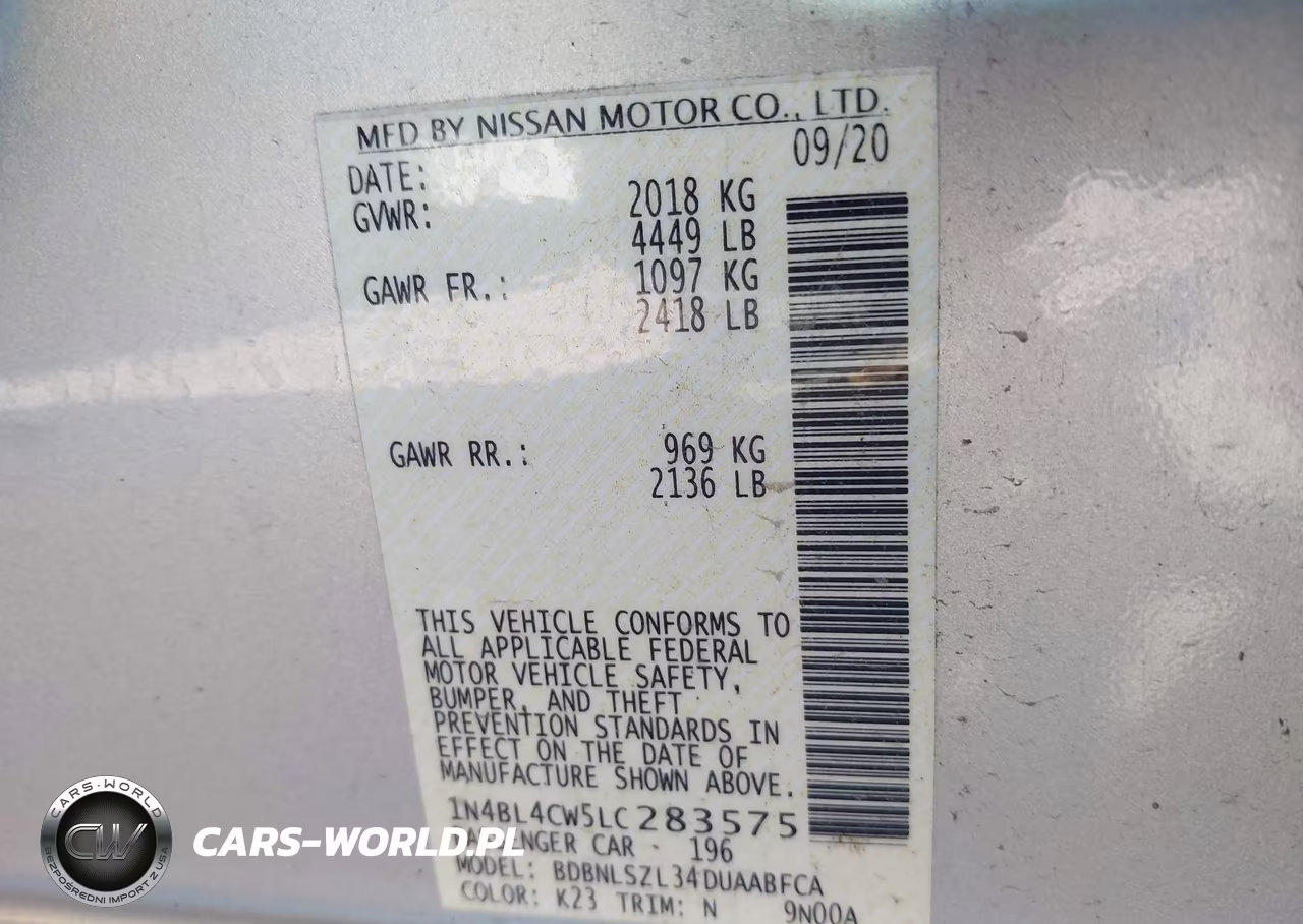 2020 Nissan Altima Sr Intelligent Awd VIN:1N4BL4CW5LC283575 - 9