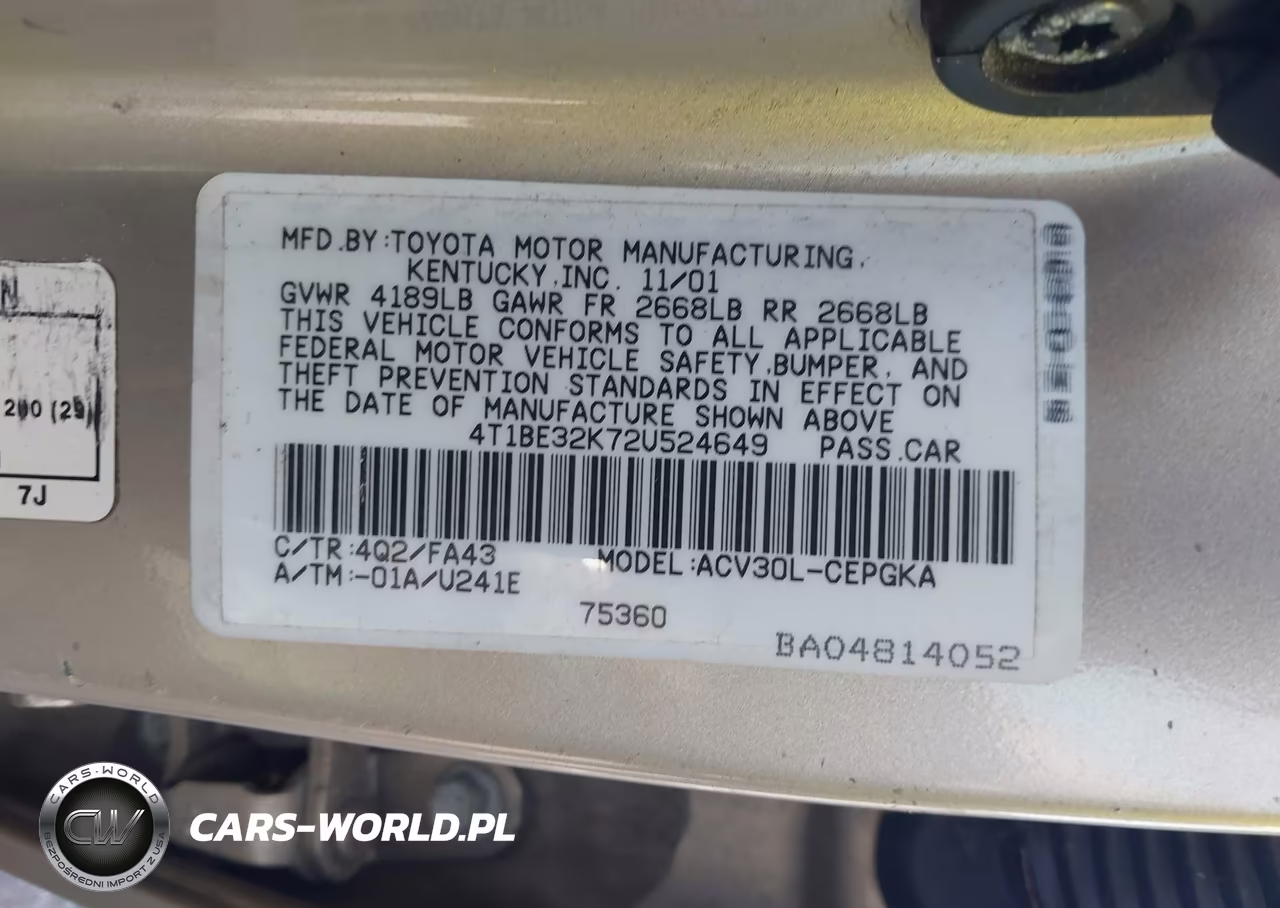 2002 Toyota Camry Xle VIN:4T1BE32K72U524649 - 9