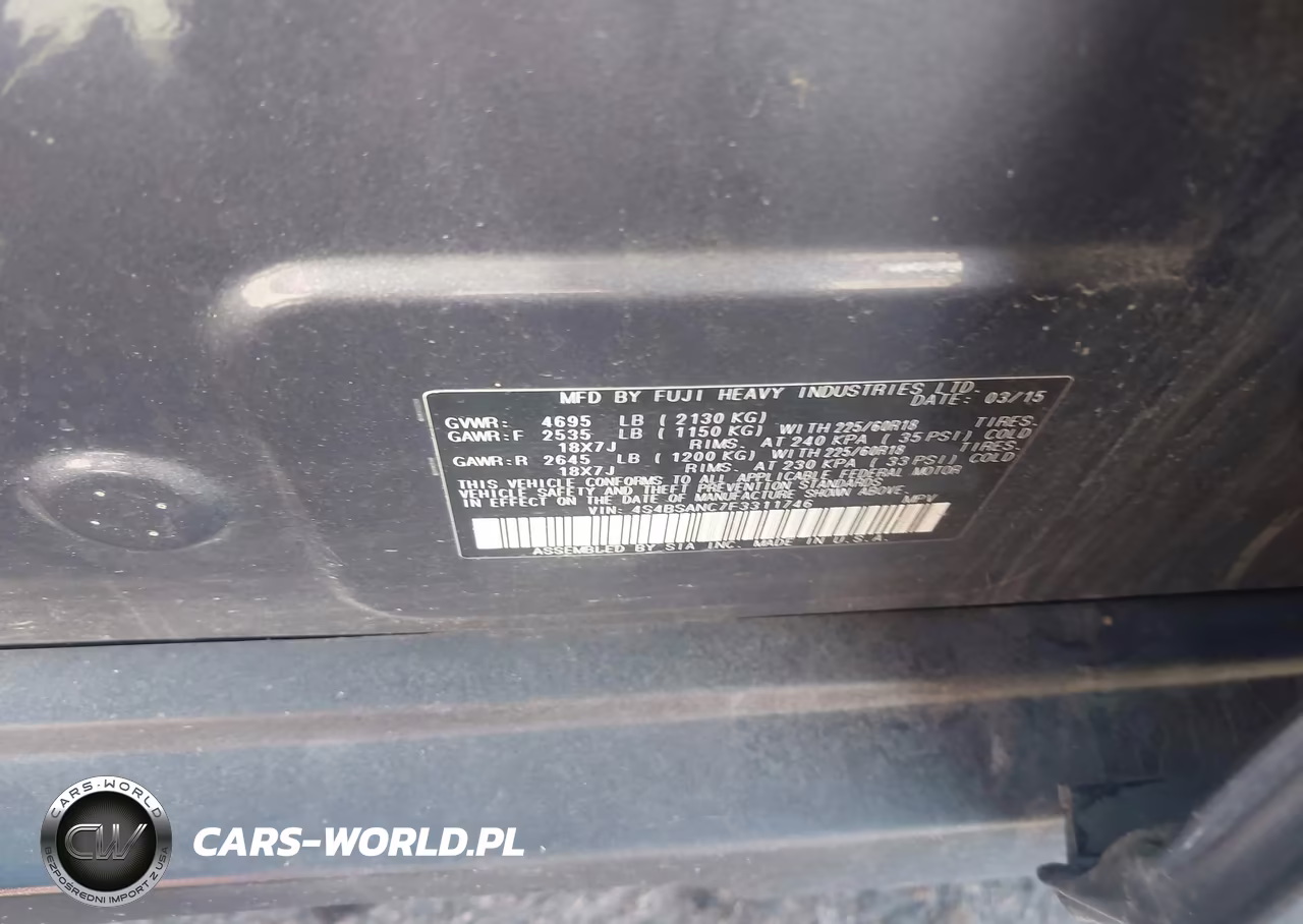2015 Subaru Outback 2.5I Limited VIN:4S4BSANC7F3311746 - 9