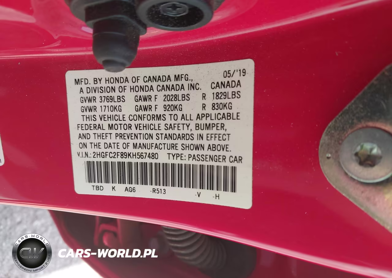 2019 Honda Civic Sport VIN:2HGFC2F89KH567480 - 9