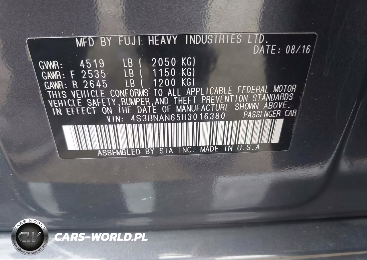 2017 Subaru Legacy 2.5I Limited VIN:4S3BNAN65H3016380 - 9