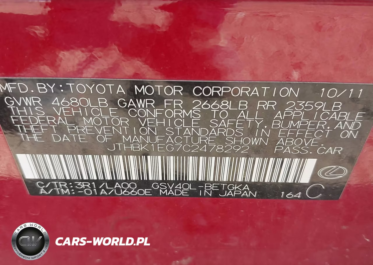 2012 Lexus Es 350 VIN:JTHBK1EG7C2478292 - 9