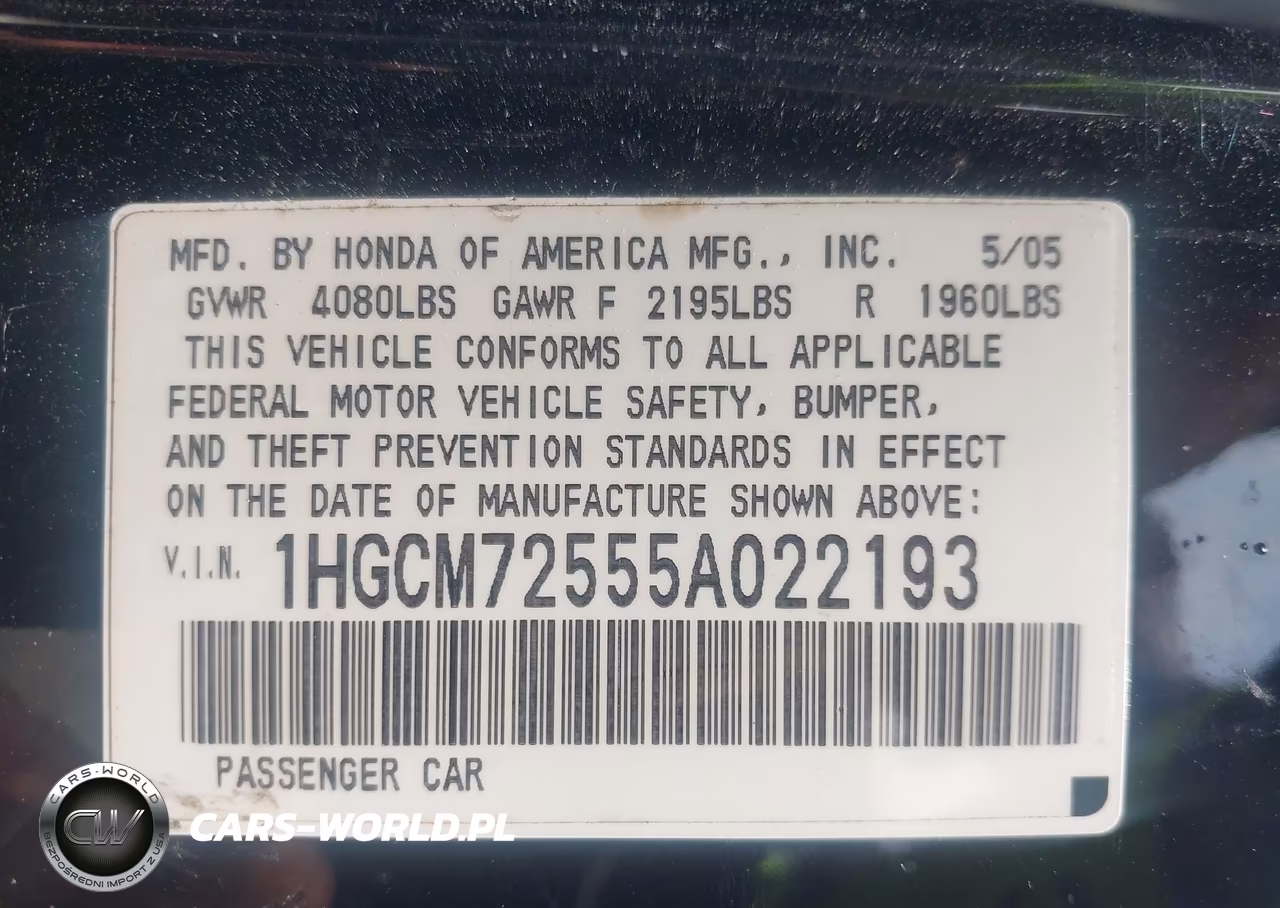 2005 Honda Accord 2.4 Lx Special Edition VIN:1HGCM72555A022193 - 9