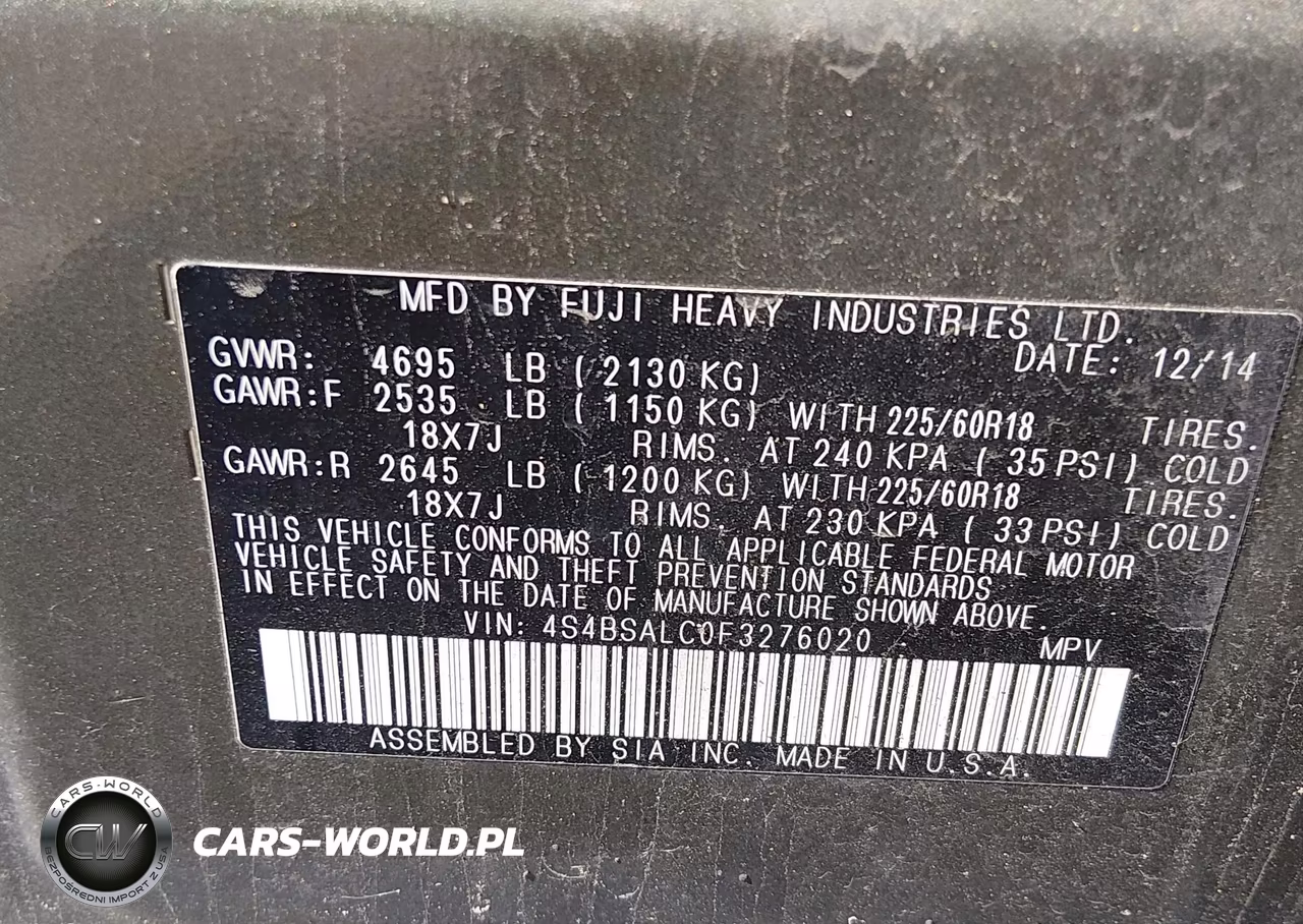 2015 Subaru Outback 2.5I Limited VIN:4S4BSALC0F3276020 - 9