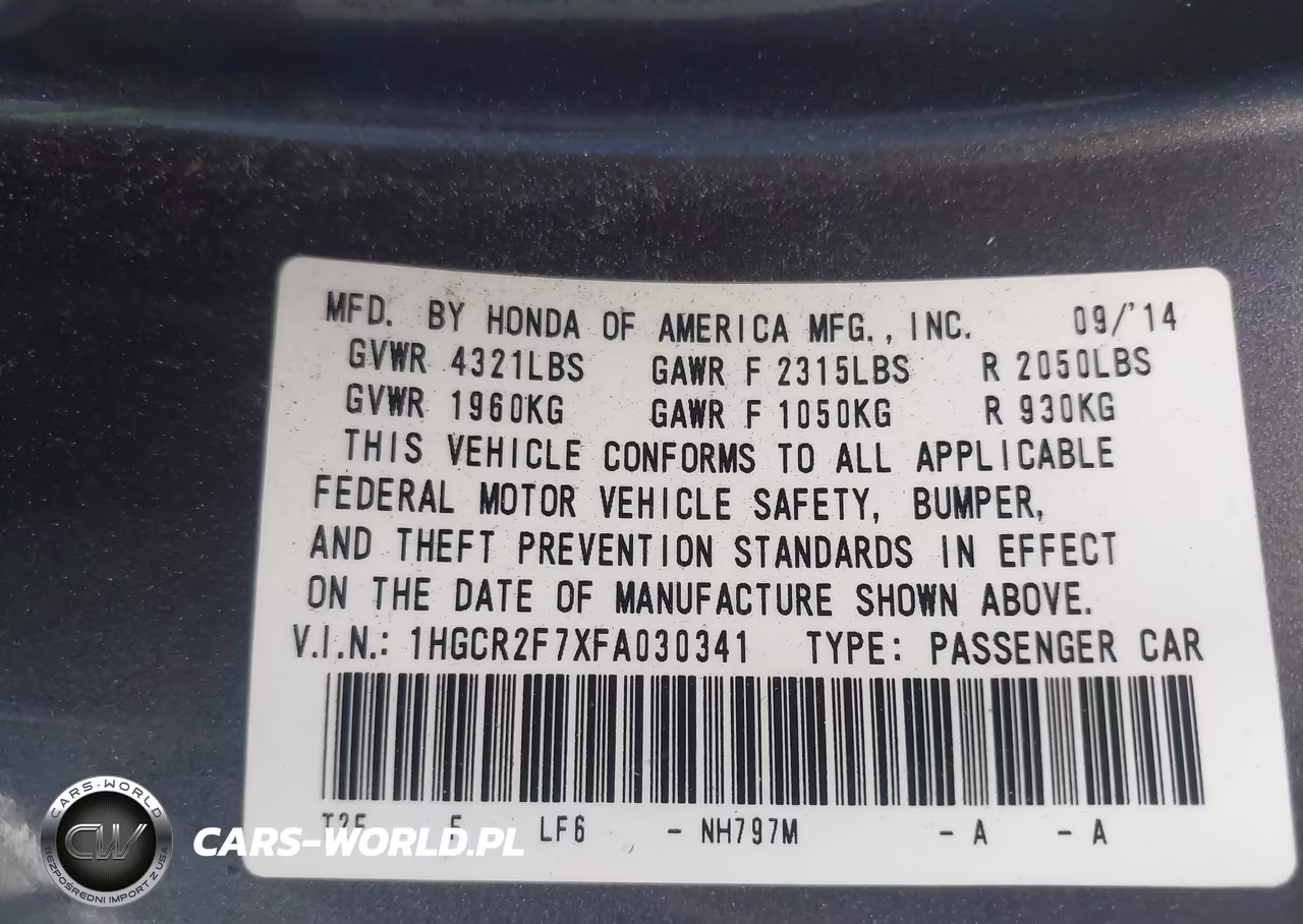 2015 Honda Accord Ex VIN:1HGCR2F7XFA030341 - 9