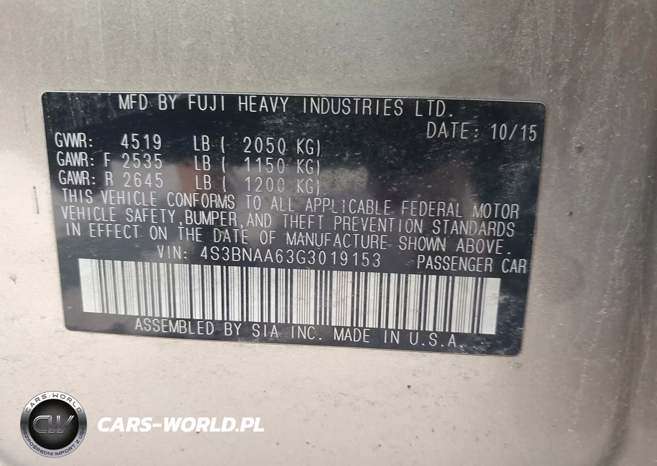 2016 Subaru Legacy 2.5I VIN:4S3BNAA63G3019153 - 9