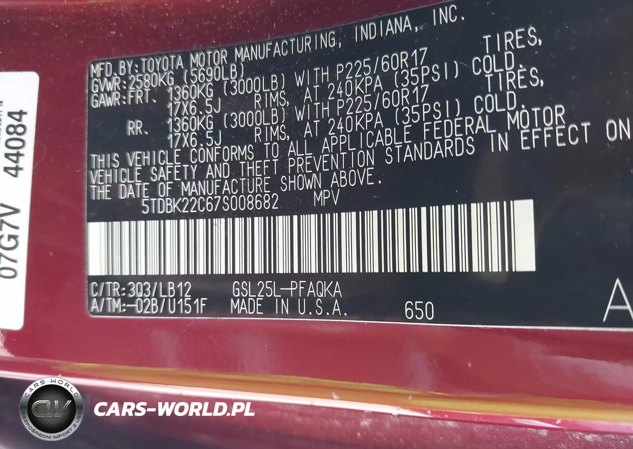 2007 Toyota Sienna Xle VIN:5TDBK22C67S008682 - 9