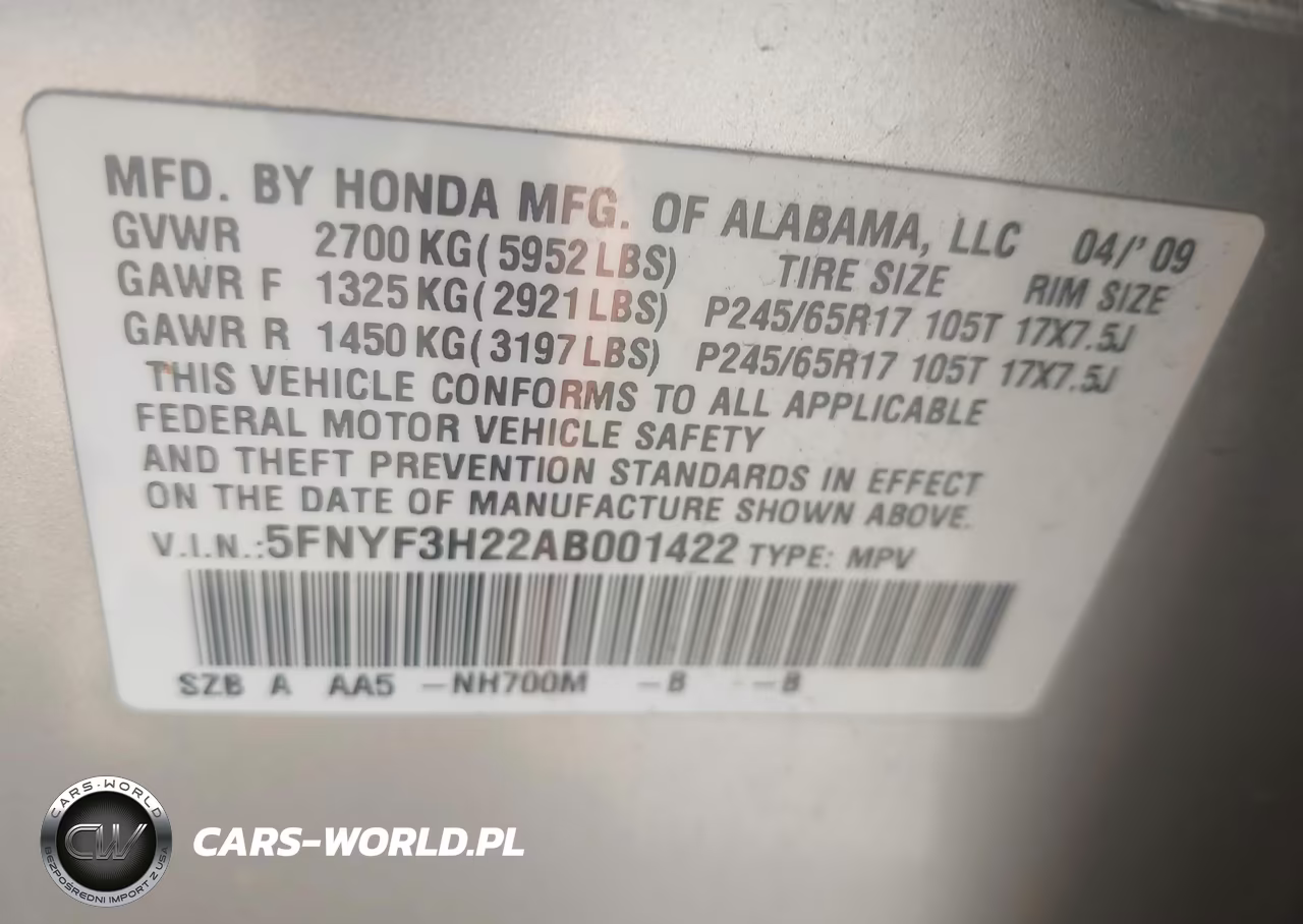 2010 Honda Pilot Lx VIN:5FNYF3H22AB001422 - 9